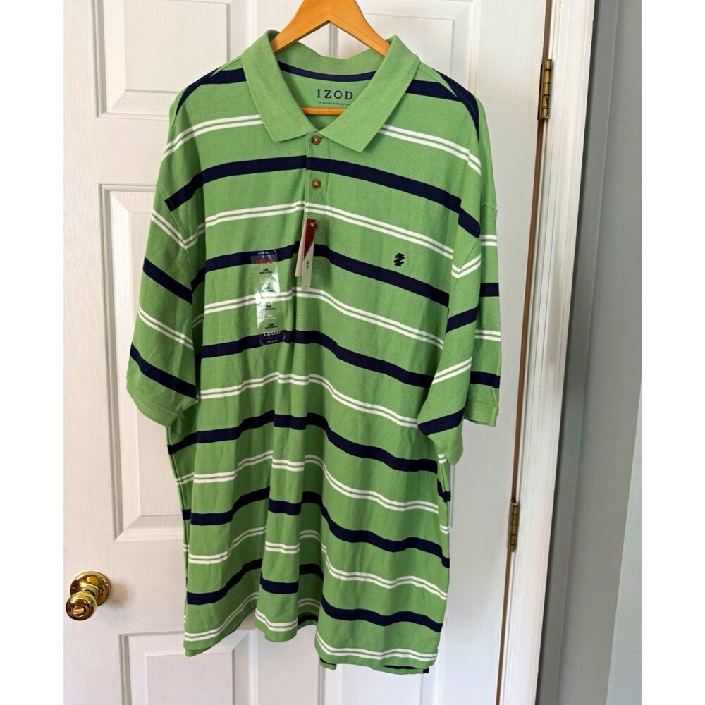 IZOD Men's XL Regular Green/Navy/White Striped Knit Polo Shirt, Logo
